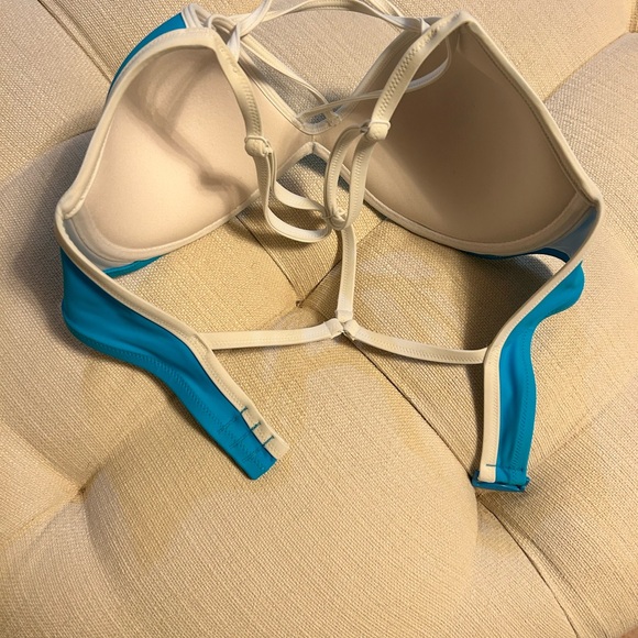 PINK Victoria's Secret Aqua/Blue/White Bikini Top T-Back Padded women’s Sz D-DD - Picture 12 of 13